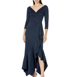 XSCAPE V Front Ruffle Scuba Dress Long Sleeve Midnight Navy Size 16 NWT